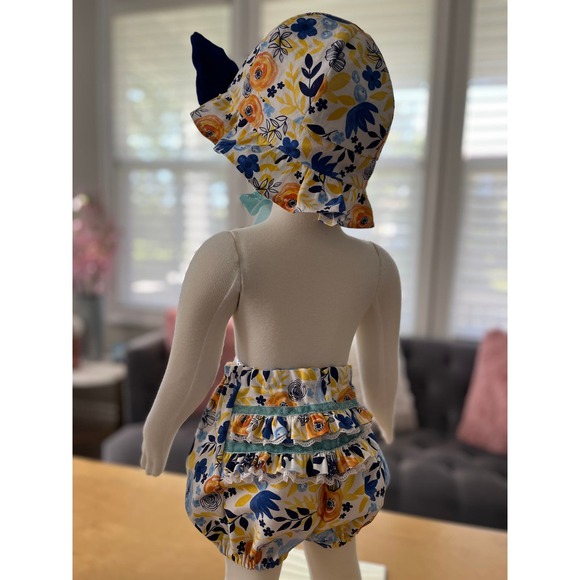 Handmade Toddler Dress Set Blue Velvet Bonnet 12-18 months Velvet Bows - Picture 4 of 10